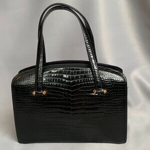 Vintage Top Handle Handbag in Black Embossed Leather